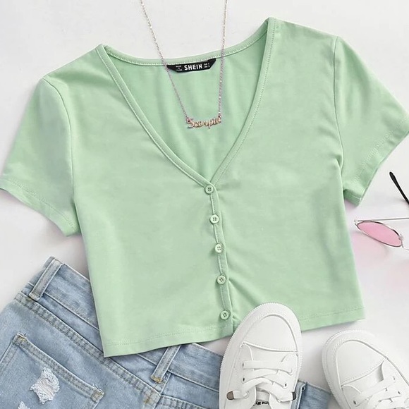 SHEIN | Navy Blue* Button up crop top - Picture 2 of 2